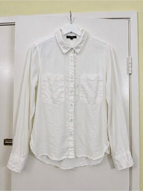 Velvet Heart White Tencel Button Front Frayed Trim Utility Shirt Blouse M
